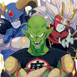 Rule 34 | 3boys, antennae, armor, black eyes, black fur, black nails, black shirt, black skin, blue shirt, blue skin, breastplate, buttons, cape, cheekbones, colored sclera, colored skin, colored tongue, commentary, crossed arms, crown, d norainu b, demon boy, double-breasted, dragon ball, dragon ball (classic), dragon ball heroes, dragon ball super, earrings, facial mark, fangs, fingernails, forehead jewel, gem, goat boy, goat horns, gold crown, gold trim, green eyes, green skin, grey armor, highres, horns, in-franchise crossover, jewelry, long fingernails, long hair, looking at viewer, male focus, mechikabura, moro (dragon ball), multicolored skin, multiple boys, muscular, muscular male, namekian, open mouth, piccolo daimaou, pointy ears, potara earrings, purple tongue, red cape, red eyes, red gemstone, red sclera, sharp fingernails, shirt, sleeveless, sleeveless shirt, smile, smirk, sparkle, spiked hair, symbol-only commentary, trait connection, twitter username, upper body, white background, white hair