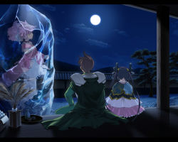 1boy 2girls alice_soft armor brown_hair cape china_dress chinese_clothes dress flower frozen game_cg japanese_clothes kimono long_hair moon multiple_girls night oda_kou orion orion_(orionproject) pink_hair porch rance rance_(series) ribbon sengoku_rance short_hair shoulder_pads sill_plain sitting tree twintails veranda water