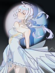 1girl absurdres bare_arms bare_shoulders braid breasts dress francis_cairo grey_dress grey_eyes grey_hair halo highres liv:_empyrea_(wings_of_dawn)_(pgr) liv_(pgr) long_hair punishing:_gray_raven small_breasts solo