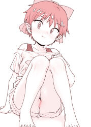 1girl barefoot censored closed_mouth fang fang_out gegege_no_kitarou knees_up loli looking_at_viewer monochrome mosaic_censoring nekomusume no_panties off-shoulder_shirt off_shoulder ponsuke_(pon00000) pussy shirt short_hair short_sleeves sitting solo toes very_short_hair