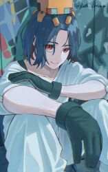 1boy blue_hair colored_inner_hair conch_(gundam) gloves gundam gundam_gquuuuuux highres kirishima_kate knees_up looking_at_viewer male_focus multicolored_hair non-humanoid_robot pants purple_hair red_eyes robot shirt short_hair shuji_ito sitting smile solo two-tone_hair white_shirt