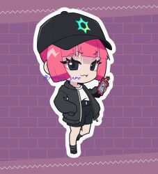 1girl :3 absurdres black_eyes black_hat black_jacket black_shorts blunt_bangs cellphone chibi chibi_only closed_mouth coral_(pokemon) creatures_(company) eyelashes fang full_body game_freak hand_in_pocket hat highres holding holding_phone jacket looking_at_viewer nintendo open_clothes open_jacket outline phone pink_hair pink_nails pokemon pokemon_(anime) pokemon_horizons shirt short_hair shorts smartphone solo twitter_username white_outline white_shirt yomogin_game