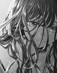 1girl absurdres closed_mouth commentary_request gradient_eyes hair_over_shoulder highres kaoru_hana_wa_rin_to_saku kikyo_private_academy_school_uniform long_hair looking_down mikami_saka monochrome multicolored_eyes official_art profile sailor_collar school_uniform signature smile solo waguri_kaoruko wavy_hair