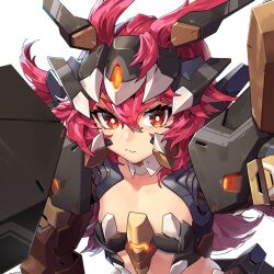 Rule 34 | 1girl, breasts, closed mouth, fang, female focus, game cg, hair between eyes, hair tuft, headgear, last origin, long hair, looking at viewer, mar10, messy hair, official art, pink hair, power suit, red eyes, skin fang, small breasts, tiny tyrant (last origin), transparent background, tyrant (last origin), upper body