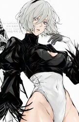 1girl 2b_(nier:automata) android breasts commentary gloves hairband highleg highleg_leotard highres juliet_sleeves leotard long_sleeves looking_at_viewer mole mole_under_mouth nier:automata nier_(series) nishiii26miii puffy_sleeves short_hair simple_background small_breasts solo sword thighs weapon white_background white_hair