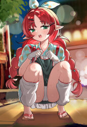 1girl absurdres ahoge arknights blue_kimono bow checkered_bow checkered_clothes checkered_kimono dishui_tangni gloves green_eyes highres japanese_clothes kimono long_hair long_sleeves looking_at_viewer myrtle_(arknights) myrtle_(bustling_festival)_(arknights) obi official_alternate_costume open_mouth outdoors panties pantyshot pointy_ears red_hair sash solo squatting sweat underwear white_gloves white_panties