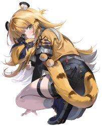 1girl absurdres animal_ear_fluff animal_ears black_gloves black_shorts blush chii_(chiiriring) elbow_gloves fingerless_gloves gloves green_eyes high-waist_shorts highres jacket ju_fufu long_hair looking_at_viewer orange_fur shorts socks solo striped_fur tail tail_ornament thigh_strap tiger_ears tiger_girl tiger_stripes tiger_tail white_background white_socks yellow_jacket zenless_zone_zero