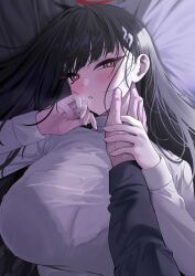 Rule 34 | 1boy, 1girl, absurdres, bed sheet, black bra, black hair, blue archive, blush, bra, bra visible through clothes, breasts, bright pupils, commentary, hair spread out, halo, highres, huge breasts, long hair, long sleeves, looking at viewer, pov, pov hands, red eyes, rio (blue archive), saliva, sweat, sweater, symbol-only commentary, underwear, very long hair, white pupils, white sweater, yuki (asayuki101)