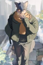 1boy aizawa_(nh_st) backpack bag blue_hair body_fur commentary_request eating feet_out_of_frame food furry furry_male green_jacket grey_fur hand_in_pocket highres jacket male_focus orange_eyes original outdoors scarf short_hair solo steamed_bun tail wolf_boy yellow_scarf