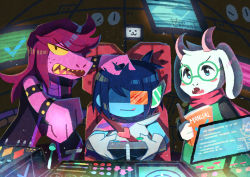 Rule 34 | 1boy, 1girl, 1other, absurdres, armlet, blue skin, book, bracelet, cockpit, colored skin, controller, deltarune, fangs, game controller, glasses, highres, jewelry, kris (dark world) (deltarune), kris (deltarune), licking lips, purple skin, ralsei, reading, scarf, scouter, sharp teeth, spiked armlet, spiked bracelet, spikes, susie (dark world) (deltarune), susie (deltarune), teeth, tongue, tongue out, watawata22, yellow eyes