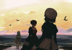 1other 2girls ashashio beatrice_(umineko) bird bow brown_hair choker clair_vaux_bernardus cloud dress facing_away formal_clothes frills green_hair hat highres long_hair looking_at_another medium_hair multiple_girls ocean seagull shannon_(umineko) spoilers standing symbolism twilight umineko_no_naku_koro_ni yasu_(umineko)
