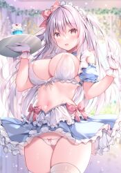 Rule 34 | 1girl, areola slip, artistic error, blue shirt, blue skirt, blurry, blurry background, blush, bow, bra, breasts, cameltoe, commentary request, covered erect nipples, cup, food, frilled skirt, frills, gloves, hair between eyes, highres, holding, holding tray, ice cream, ice cream float, indoors, large breasts, long hair, looking at viewer, maid, maid headdress, moe2023, navel, open mouth, original, panties, red eyes, shirt, sideboob, skirt, smile, solo, standing, stomach, thighhighs, tray, underwear, watagashi yui, white bra, white gloves, white hair, white panties, white thighhighs, wrong hand