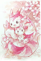 black_eyes bright_pupils cherry_blossoms full_body furret gen_2_pokemon gen_4_pokemon highres nintendo no_humans non_(kumakawayusu) open_mouth pachirisu painting_(medium) pink_theme pokemon pokemon_(creature) signature traditional_media watercolor_(medium) white_pupils
