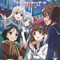 5girls album_cover artist_request bandaid bandaid_on_face black_hair black_necktie blue_eyes blue_jacket brave_witches brown_eyes brown_hair brown_jacket building chair cover cup eila_ilmatar_juutilainen food georgette_lemare highres holding holding_spoon jacket kanno_naoe karibuchi_hikari lamp long_hair military military_uniform multiple_girls necktie official_art on_chair open_mouth outdoors sanya_v._litvyak scarf school_uniform short_hair sitting spoon standing strike_witches striped_clothes striped_scarf table twintails white_hair white_jacket window world_witches_series