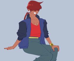1girl 1shermieaday breasts casual cleavage curvy dark-skinned_female dark_skin earrings female_focus gold heart huge_breasts jacket jewelry large_breasts long_hair pants ponytail red_hair shermie_(kof) shirt sitting smile smiley_face tan the_king_of_fighters thick_thighs thighs twintails wide_hips