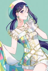1girl amazing_travel_dna aqua_hat bare_shoulders breasts collarbone commentary_request cowboy_shot earrings finger_to_mouth gim_(gim-gim-3919) gloves green_background grin hat highres jewelry long_hair love_live! love_live!_sunshine!! low_ponytail matsuura_kanan medium_breasts official_alternate_costume ponytail purple_eyes purple_hair see-through_clothes see-through_shirt shirt short_shorts short_sleeves shorts shushing smile solo triangle_necklace two-tone_hat white_gloves white_hat white_shirt white_shorts
