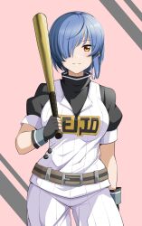 Rule 34 | 1girl, asymmetrical hair, barkhorn0331, baseball bat, baseball uniform, belt, black gloves, black undershirt, blue hair, brown belt, brown eyes, cinderella series, closed mouth, cowboy shot, fingerless gloves, gloves, hachigatsu no cinderella nine, hair over one eye, highres, holding, holding baseball bat, metal baseball bat, one eye covered, pink background, seijou baseball uniform, shirt, short hair, short sleeves, shorts, sleeveless, sleeveless shirt, solo, sportswear, standing, straight-on, toudou taira, white shirt, white shorts, wristband