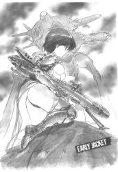 1990s_(style) 1girl akaishizawa_takashi armored_boots artist_name ass beam_rifle boots breasts cable energy_gun greyscale gun highres holding holding_gun holding_weapon mecha medium_breasts monochrome nipples non-web_source nude original profile retro_artstyle robot science_fiction short_hair solo topless_female weapon