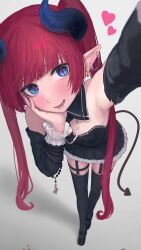 Rule 34 | 1girl, absurdres, black dress, black garter straps, black shoes, black thighhighs, blue eyes, blush, demon girl, demon horns, demon tail, detached sleeves, dress, ear piercing, fang, garter straps, hand on own face, highres, horns, open mouth, original, piercing, reaching, reaching towards viewer, red hair, selfie, shoes, solo, strapless, strapless dress, tadanotarosuke, tail, thighhighs, twintails