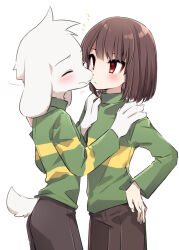 1boy 1other asriel_dreemurr blush bob_cut brown_hair brown_pants chara_(undertale) closed_eyes closed_mouth commentary_request cowboy_shot face-to-face facing_another fangs fewer_digits fingernails furry furry_male furry_with_non-furry goat_boy green_sweater hand_on_own_hip hands_on_another&#039;s_shoulders highres inseki interspecies leftporygon long_sleeves looking_at_another other_with_male pants red_eyes short_hair simple_background skin_fangs standing step-siblings striped_clothes striped_sweater sweater tail turtleneck turtleneck_sweater two-tone_sweater undertale white_background white_fur yellow_sweater