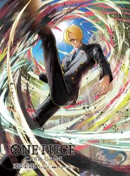 Rule 34 | 1boy, 1girl, black necktie, black suit, blonde hair, blue hair, blue shirt, commentary request, copyright name, curly eyebrows, formal clothes, hair over one eye, leg up, male focus, moreshan, necktie, nefertari vivi, official art, one piece, one piece card game, open mouth, ponytail, sanji (one piece), shirt, short hair, smoke, suit, sun, sunglasses, tinted eyewear, wind, yellow-tinted eyewear