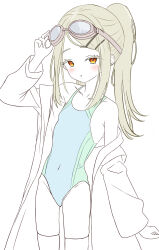 Rule 34 | 1girl, absurdres, adjusting eyewear, bare shoulders, blonde hair, blue one-piece swimsuit, blush, coat, collarbone, colored eyelashes, covered navel, earrings, flipped hair, gakuen idolmaster, goggles, goggles on head, green one-piece swimsuit, grey hair, hair ornament, hairclip, highleg, highleg one-piece swimsuit, highres, idolmaster, jewelry, long hair, looking at viewer, one-piece swimsuit, open clothes, open coat, orange eyes, ponytail, shinosawa hiro, shubashuba, simple background, skinny, solo, stud earrings, swimsuit, thighhighs, two-tone swimsuit, white background, white coat, white thighhighs