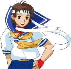 1girl :d arm_behind_back bengus blue_sailor_collar brown_eyes brown_hair facing_viewer game_cg hand_on_own_hip headband highres kasugano_sakura midriff navel non-web_source official_art open_mouth portrait red_undershirt sailor_collar school_uniform serafuku short_hair simple_background smile solo street_fighter street_fighter_zero_(series) teeth undershirt upper_body upper_teeth_only v-shaped_eyebrows white_background white_headband