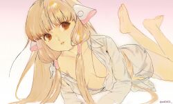 1girl barefoot blonde_hair breasts brown_eyes chii chobits collarbone dress_shirt ed0401 gradient_background highres humanoid_robot long_hair long_sleeves looking_at_another low_twintails lying no_bra on_side parted_lips partially_unbuttoned photo-referenced pink_background robot robot_ears robot_girl shirt sketch small_breasts solo twintails twitter_username white_background white_shirt
