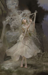 Rule 34 | 1girl, barefoot, blue eyes, braid, christian angel, cracked skin, doll joints, dress, elden ring, elden ring nightreign, flower wreath, full body, head wreath, highres, holding, holding instrument, holding lyre, instrument, jewelry, joints, long hair, low twin braids, lyre, outdoors, painterly, revenant (elden ring), ruins, signature, skeleton, spirit, standing, tree, twin braids, veil, very long sleeves, white dress, white hair, white veil