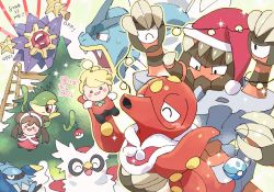 ^_^ barbaracle blush character_doll christmas_ornaments christmas_tree clawitzer closed_eyes commentary_request delibird dive_ball doll english_text gen_1_pokemon gen_2_pokemon gen_5_pokemon gen_6_pokemon gyarados holding ladder nibo_(att_130) nintendo octillery official_alternate_costume plant poke_ball poke_ball_(basic) pokemon pokemon_(creature) pokemon_masters_ex rosa_(holiday_2019)_(pokemon) rosa_(pokemon) siebold_(holiday_2019)_(pokemon) siebold_(pokemon) snivy starmie stepladder tree vines