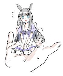 Rule 34 | 1girl, absurdres, animal ears, blue eyes, blush, breasts, chrono genesis (umamusume), collarbone, commentary request, hair between eyes, hair ornament, highres, horse ears, horse tail, long hair, looking at viewer, pov, pov hands, ribbon, seiza, simple background, sitting, small breasts, solo, sweatdrop, tail, thighhighs, umakawa0815, umamusume, white background