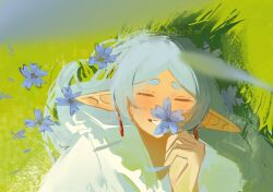 1girl absurdres bloom blue_flower blush brush_stroke close-up closed_eyes commentary dithering earrings elf faux_traditional_media flower frieren grass hand_up highres holding holding_flower jewelry long_hair lying open_mouth outdoors painterly pointy_ears portrait screentones smile solo sousou_no_frieren sunlight takoyoomi warm_colored white_hair