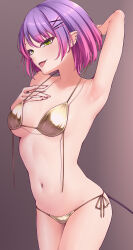 1girl absurdres alternate_costume arm_up armpits bikini breasts commentary_request demon_girl demon_tail earrings fingernails gold_bikini golden_week gradient_hair green_eyes hair_ornament hairclip highres hololive jewelry looking_at_viewer multicolored_hair navel navel_piercing piercing pink_hair pointy_ears purple_hair short_hair simple_background small_breasts solo spiked_ear_piercing stomach string_bikini swimsuit tail tokoyami_towa tongue tongue_out tongue_piercing untied_bikini_top virtual_youtuber zellam