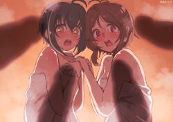 2girls @_@ ahoge bare_arms bare_shoulders black_hair blush breasts brown_hair domyoji_karin hair_between_eyes idolmaster idolmaster_cinderella_girls kohinata_miho multiple_boys multiple_girls naked_towel onsen open_mouth penis penis_shadow red_eyes short_hair shoulder_blush steam surrounded_by_penises sweat tomawarinosuizou towel wide-eyed yellow_eyes