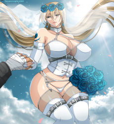 1boy 1girl bandages belt belt_boots belt_buckle boots breasts bridal_gauntlets bridal_legwear bridal_lingerie bridal_veil bride brown_hair buckle closed_mouth crane_yuzuriha earrings eyebrows floating floating_hair flower flower_on_head gloves hair_flower hair_ornament half-closed_eyes hikimayu holding holding_hands huge_breasts husband_and_wife jewelry large_breasts lingerie lips lipstick long_hair long_sleeves makeup marriage petals reaching reaching_towards_viewer rose_petals saint_seiya saint_seiya:_the_lost_canvas silver_saint sky solo_focus the-dark-knight19089 thick_thighs thighs underwear upper_body veil wedding bridal_lingerie