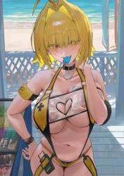 1girl absurdres ahoge black_choker blonde_hair blush breasts choker cleavage clothing_cutout elegg_(boom_and_shock)_(nikke) elegg_(nikke) fang fangs food food_in_mouth goddess_of_victory:_nikke hair_intakes hair_over_eyes heart_cutout highres hood_(james_x) huge_breasts ice_cream large_breasts multicolored_hair navel official_alternate_costume open_mouth popsicle popsicle_in_mouth short_hair slingshot_swimsuit smile solo swimsuit yellow_slingshot_swimsuit