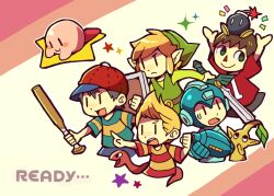 Rule 34 | 5boys, :&lt;, android, animal crossing, arm cannon, armor, arms up, baseball bat, baseball cap, belt, belt buckle, black eyes, black shorts, blonde hair, blue armor, blue shirt, blue shorts, blue sleeves, blush stickers, bob-omb, bomb, brown belt, buckle, clenched hand, closed mouth, colored skin, commentary request, cropped legs, cropped torso, english text, explosive, frown, green eyes, green headwear, green shirt, green sleeves, green tunic, hat, holding, holding baseball bat, holding own arm, holding shield, holding sword, holding weapon, kirby, kirby (series), leaf, link, long sleeves, looking ahead, looking at another, looking at viewer, looking up, lucas (mother 3), lying, male focus, mario (series), master sword, mega man (character), mega man (series), mother (series), mother 2, mother 3, multiple boys, ness (mother 2), nintendo, no mouth, notice lines, object on head, on stomach, pikmin (creature), pikmin (series), pink skin, pointing, pointing forward, pointy ears, pointy hair, red footwear, red headwear, red shirt, red sleeves, shield, shirt, shoes, short sleeves, shorts, simple background, snake, solid oval eyes, sparkle, star (symbol), striped clothes, striped shirt, super smash bros., sweatdrop, sword, t-shirt, teeth, teijiro, the legend of zelda, toon link, triangle nose, tunic, two-tone shirt, upper teeth only, v-shaped eyebrows, villager (animal crossing), weapon, white background, yellow pikmin, yellow shirt, yellow skin