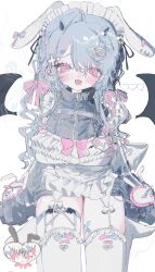 Rule 34 | 1girl, absurdres, animal ears, apron, bandaid, bat wings, blue hair, blush, bow, braid, demon wings, ear piercing, frilled apron, frills, garter straps, hair bow, hair ornament, heart, highres, horns, jacket, long hair, long sleeves, looking at viewer, maid, maid apron, maid headdress, open mouth, original, piercing, pink bow, pink eyes, rabbit ears, ribbon, shibakure inuwo, simple background, sitting, solo, thighhighs, track jacket, turtleneck, turtleneck jacket, unconventional maid, white apron, white background, white thighhighs, wings, x hair ornament