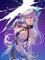 1girl butterfly_hair_ornament dress earrings elbow_gloves genshin_impact gloves hair_ornament highres jewelry jieul_hee long_hair looking_at_viewer purple_gloves purple_hair purple_hands skirk_(genshin_impact) straight_hair