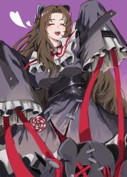 1girl absurdres animal_ears bear_ears breasts brown_hair candy dress e.g.o_(project_moon) food grey_dress heart hex_nail_(e.g.o) highres klack_rodyalove large_breasts limbus_company lollipop long_hair looking_at_viewer open_mouth parted_bangs project_moon purple_background red_ribbon ribbon rodion_(project_moon) simple_background sleeves_past_fingers sleeves_past_wrists solo standing stitches stuffed_animal stuffed_toy teddy_bear upper_body very_long_hair