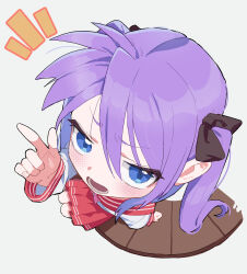 1girl acaa blue_eyes blush foreshortening from_above highres hiiragi_kagami index_finger_raised long_hair looking_at_viewer lucky_star open_mouth purple_hair ryouou_school_uniform school_uniform serafuku sitting skirt solo twintails