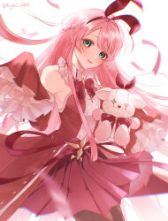 Rule 34 | 1girl, absurdres, arcaea, bare shoulders, black pantyhose, bow, bowtie, braid, buttons, commentary request, cowboy shot, detached collar, detached sleeves, double-breasted, dress, frilled sleeves, frills, green eyes, hairband, half up braid, highres, holding, holding stuffed toy, kou (arcaea), long hair, looking at viewer, pantyhose, parted lips, pink hair, pleated skirt, red bow, red bowtie, red dress, red hairband, red skirt, red sleeves, skirt, skirt under dress, solo, standing, strapless, strapless dress, stuffed toy, swept bangs, user axwx7828, very long sleeves