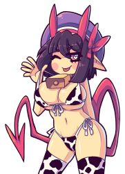 1girl ;p animal_print bad_deviantart_id bad_id bikini black_hair breasts chinese_zodiac cow cow_print daigada demon_tail heart heart-shaped_pupils highres large_breasts looking_at_viewer navel one_eye_closed original selene_(daigada) short_hair solo swimsuit symbol-shaped_pupils tail tongue tongue_out transparent_background year_of_the_ox