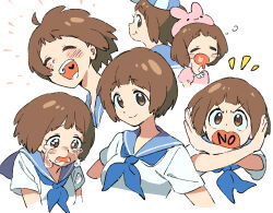 1girl blue_neckerchief blue_sailor_collar blush_stickers bob_cut brown_eyes brown_hair drooling hat heart heart_in_mouth kill_la_kill mankanshoku_mako mouth_drool multiple_views neckerchief open_mouth pink_hat qin_(7833198) sailor_collar school_uniform short_hair smile squeans text_in_mouth