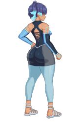 1girl ass ass_focus bare_shoulders blue_hair breasts dark_skin detached_sleeves djames flaming_hair from_behind gradient_hair huge_ass looking_at_viewer looking_back multicolored_hair ponytail sena_(xenoblade) short_hair side_ponytail sideboob smile solo thick_thighs thighs unitard xenoblade_chronicles_(series) xenoblade_chronicles_3