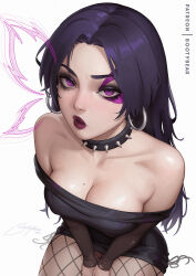 1girl bare_shoulders black_hair bootybear breasts collar dress earrings facial_tattoo highres hoop_earrings jewelry large_breasts long_hair looking_at_viewer marvel marvel_rivals off-shoulder_dress off_shoulder psylocke psylocke_(vengeance) purple_eyes red_lips solo spiked_collar spikes tattoo x-men