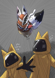 3others absurdres animal_ears backrooms_(creepypasta) black_gloves chasing commentary_request emphasis_lines extra_mouth facing_viewer fleeing fox_ears fox_tail gloves grey_background hazmat_suit highres hololive monster multiple_others nanakusa_ayame oruyanke_(shirakami_fubuki) personification running saliva saliva_trail scared simple_background sukonbu_(shirakami_fubuki) sweatdrop tail tongue tongue_out