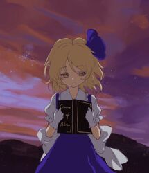 Rule 34 | 1girl, aeginflash, alice margatroid, alice margatroid (pc-98), blonde hair, blue hairband, blue skirt, book, commentary request, gloves, grimoire of alice, hairband, highres, holding, holding book, puffy short sleeves, puffy sleeves, shirt, short sleeves, skirt, solo, touhou, touhou (pc-98), upper body, white gloves, white shirt, yellow eyes