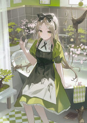 1girl alice_(alice_in_wonderland) alice_in_wonderland apron bathtub bird blonde_hair bonsai bow_hairband claw_foot_bathtub club_(shape) collared_dress crab diamond_(shape) drain_(object) dress feet_out_of_frame flower green_dress green_eyes green_hairband green_theme hairband hand_up heart highres holding holding_scissors indoors long_hair looking_at_viewer mouse_(animal) parted_bangs pink_flower puffy_short_sleeves puffy_sleeves scissors short_sleeves shower_curtain sidelocks smile solo spade_(shape) sunlight tile_wall tiles towel wakuseiy water white_apron window
