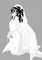 1girl andersen&#039;s_fairy_tales blush breasts commentary_request cosplay dressing full_body greyscale halftone halftone_background highres kneeling loli long_hair looking_at_viewer mermaid_costume miyano_tomochika monochrome nipples nishizawa_rika panties parted_lips rika_(series) sidelocks simple_background small_breasts solo the_little_mermaid_(andersen) the_little_mermaid_(andersen)_(cosplay) topless_female two_side_up underwear